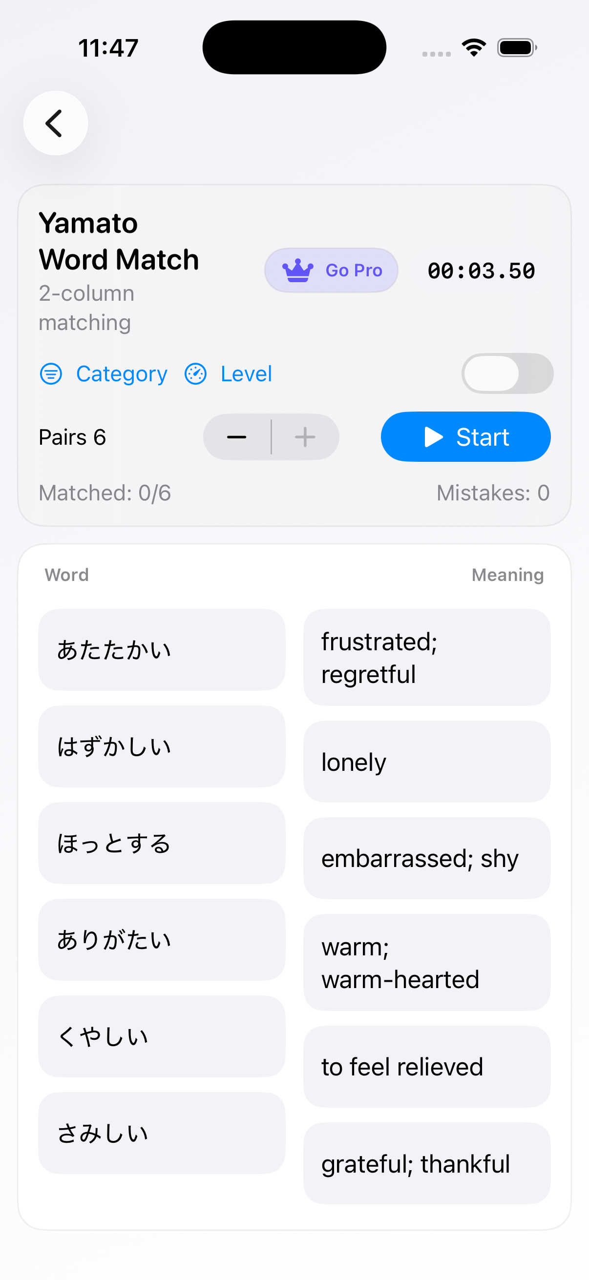 Match Game screen (2-column matching)
