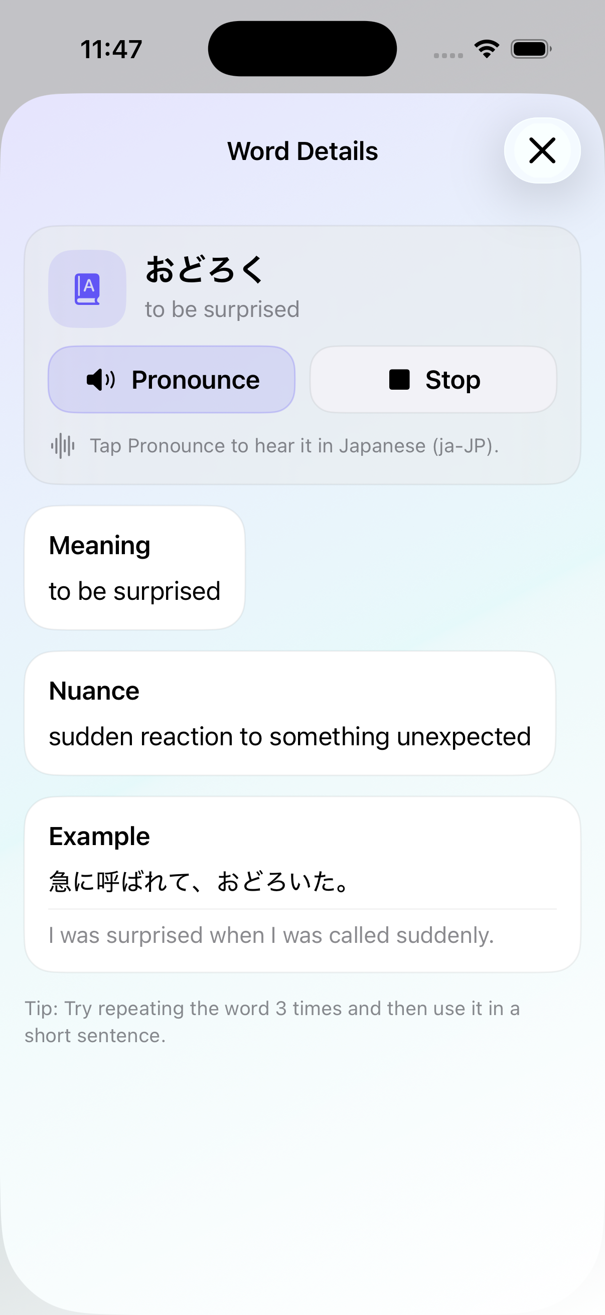 Word Details screen (meaning, nuance, examples)